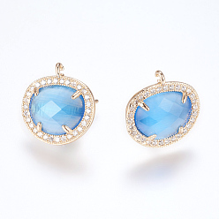 Sky Blue Brass Micro Pave Cubic Zirconia Stud Earring Findings, with Loop, Cat Eye, Oval, Golden, Sky Blue, 16.5mm, Hole: 1mm, Pin: 0.8mm