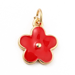 Red Rack Plating Brass Enamel Charms, with Jump Rings, Cadmium Free & Lead Free, Real 18K Gold Plated, Flower, Red, 14.5x12x1.3mm, Hole: 3.3mm