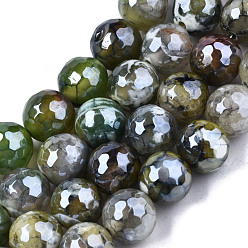 Yellow Green Natural Agate Beads Strands, Pearl Luster Plated, Faceted, Round, Yellow Green, 9~10mm, Hole: 1mm, about 37pcs/strand, 14.17 inch~14.57 inch(36~37cm)