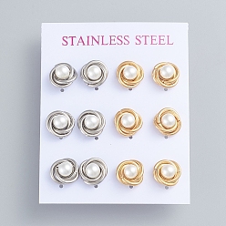 Golden & Stainless Steel Color 304 Stainless Steel Stud Earrings, Love Knot Earrings, with Plastic Imitation Pearl Beads and Ear Nuts, Golden & Stainless Steel Color, 11mm, Pin: 0.7mm, 6pairs/card