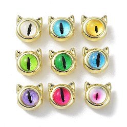 Mixed Color Rack Plating Alloy Beads, with Glass, Golden, Cat Head with Eye, Mixed Color, 10x10x9mm, Hole: 2.4mm