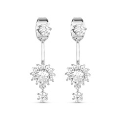 Silver SHEGRACE Elegant Fashion Real 18K Gold Plated Brass Front and Back Dangle Stud Earrings, with Micro Pave AAA Cubic Zirconia Sun Flower, Silver Color Plated, 20mm, Pin: 0.7mm