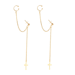 Golden Handmade 304 Stainless Steel Dangle Studs Earrings, with Clip-on Earring Findings and Cross Charm, Golden, 73.5mm, Pin: 0.8mm