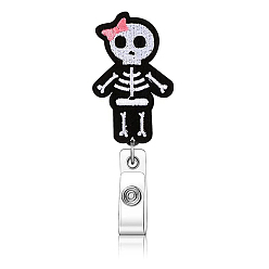 Skull Halloween Theme Wool Felt Clip-On Retractable Badge Holders, Tag Card Holders, Badge Reel, Skull, 85mm