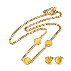 Oro Arete redondo plano de ojo de gato y collar con colgante, chapado al vacío 304 juego de joyas de acero inoxidable para mujer, dorado, Collar: 455 mm, pendiente: 10.5 mm, pin: 0.6 mm