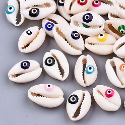 Mixed Color Natural Cowrie Shell Beads, with Enamel, No Hole/Undrilled, Evil Eye, Mixed Color, 18~22x13~14x6~8mm