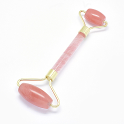 Cherry Quartz Glass Cherry Quartz Glass Face Massager, Facial Rollers, with Long-Lasting Plated Alloy Findings, Golden, 149~151x57~60x19~20mm