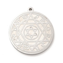 Stainless Steel Color 304 Stainless Steel Pendants, Flat Round with Constellation & Star of David Pattern Charm, Stainless Steel Color, 33x30x2mm, Hole: 1.8mm