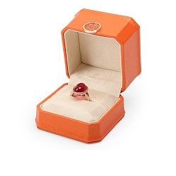 Dark Orange Flower PU Leather Octagonal Ring Jewelry Box, Finger Ring Storage Gift Case, with Velvet Inside, for Wedding, Engagement, Dark Orange, 7.5x7.5x6.2cm