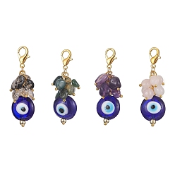 Mixed Color Natural Mixed Gemstone Nuggets Pendant Decorations, with Evil Eye Lampwork Beads and 304 Stainless Steel Lobster Claw Clasps, Mixed Color, 50mm