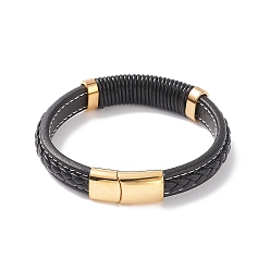 Golden Leather Cord Bracelets, 304 Stainless Steel Magnetic Clasp, Rectangle, Golden, 8-5/8 inch(22cm), 12~15x6~10mm