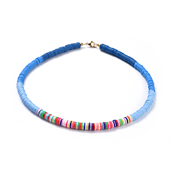 Blue Handmade Polymer Clay Heishi Beaded Necklaces, with Brass Spacer Beads and 304 Stainless Steel Findings, Blue, 15.9~16.1 inch(40.5~41cm)