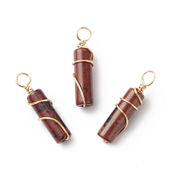 Mahogany Obsidian Natural Mahogany Obsidian Pendants, with Golden Tone Copper Wire Wrapped, Column Charm, 18.5~20x5~5.5mm, Hole: 2.5mm