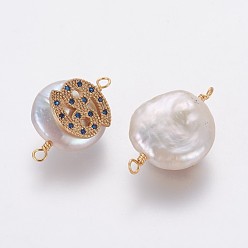 Cancer Natural Pearl Links connectors, with Brass Micro Pave Cubic Zirconia Findings, Flat Round with Constellation, Golden, Marine Blue, Cancer, 20~26x9~17x5~11mm, Hole: 1.6mm