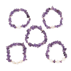 Améthyste 5 pcs 5 style naturel puces d'améthyste ensemble de bracelets extensibles, bracelets empilables étoiles en coquillage naturel, diamètre intérieur: 2-1/8 pouce (5.3 cm), 1 pc / style