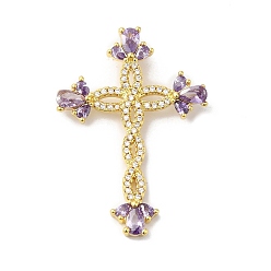 Purple Rack Plating Brass Pave Cubic Zirconia Pendants, Cross Charms, Long-Lasting Plated, Cadmium Free & Lead Free, Real 18K Gold Plated, Purple, 36x25x6mm, Hole: 4x2mm
