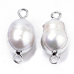 Platinum Plated Natural Baroque Pearl Keshi Pearl Links connectors, with Iron Findings, Oval, Platinum, 18~20x8~9x8~9mm, Hole: 2mm