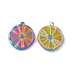 Rainbow Color Ion Plating(IP) 304 Stainless Steel Pendant Rhinestone Settings, Flat Round with Orange Pattern, Rainbow Color, Fit for 1.5mm and 1.2mm Rhinestone, 24x20x3mm, Hole: 2mm