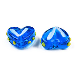 Azul Hebras de cuentas de murano con baches hechas a mano transparentes, corazón, azul, 14.5~15.5x17~18x6.5~7.5 mm, agujero: 1.5 mm, sobre 35 unidades / cadena, 19.49 pulgada (49.5 cm)