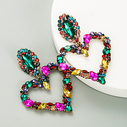 Coloré Longues boucles d'oreilles pendantes en forme de cœur avec strass, bijoux en alliage pour femmes, colorées, 80x55mm