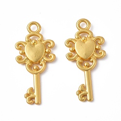 Matte Gold Color Rack Plating Alloy Pendants, Cadmium Free & Lead Free & Nickle Free, Key with Heart Charms, Matte Gold Color, 25.5x12x2.5mm, Hole: 1.8mm