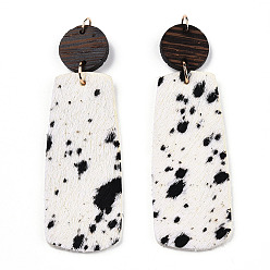 White Eco-Friendly Cowhide Leather Big Pendants, with Dyed Wood and 304 Stainless Steel Jump Rings, Rectangle with Print, White, 75mm
