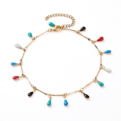 Golden 304 Stainless Steel Teardrop Charm Anklets, with Enamel and Bar Link Chains, Colorful, Golden, 9-7/8 inch(25cm)