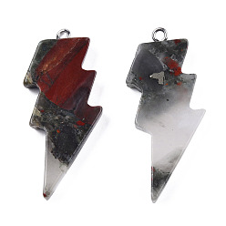 Bloodstone Natural Bloodstone Pendants, Lightning Bolt Charm, with Stainless Steel Color Tone 304 Stainless Steel Loops, 40~44.5x17~20x4.5~6mm, Hole: 2mm