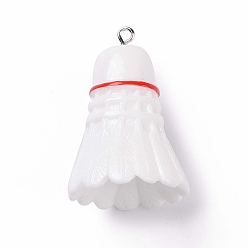 White Sport Ball Theme Opaque Resin Pendants, Badminton Charms, with Platinum Plated Iron Loops, White, 37.5x26mm, Hole: 2mm