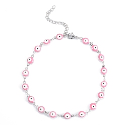 Stainless Steel Color 304 Stainless Steel Anklets, with Enamel and Lobster Claw Clasps, Evil Eye, Pink, Stainless Steel Color, 9-5/8 inch(24.5cm).