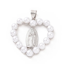 Platine Laiton avec pendentifs en plastique ABS imitation perles, coeur avec le charme de la vierge marie, platine, 25.5x25x5mm, Trou: 3.5x5mm