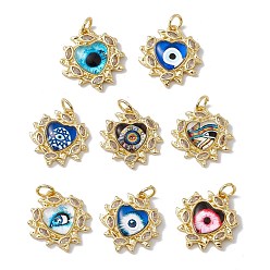 Mixed Color Brass Micro Pave Clear Cubic Zirconia Pendants, with Resin and Jump Rings, Lead Free & Cadmium Free, Heart with Eye Charm, Real 18K Gold Plated, Mixed Color, 21.5x20x4.5mm, Hole: 4mm