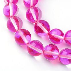 Rose Foncé Brins synthétiques de perles de lune, perles holographiques, teint, ronde, rose foncé, 8mm, Trou: 1mm, Environ 45~47 pcs/chapelet, 14~15 pouce