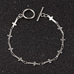 Stainless Steel Color Cross 304 Stainless Steel Link Chain Bracelets, with OT Clasps, Stainless Steel Color, 7-1/4 inch(185mm), 5x1mm