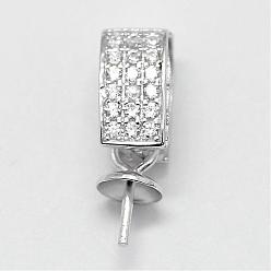 Platinum Rhodium Plated 925 Sterling Silver Pendant Bails, with Cubic Zirconia, for Half Drilled Beads, Platinum, 14.5x4mm, Hole: 3.5x6.5mm, Pin: 0.65mm