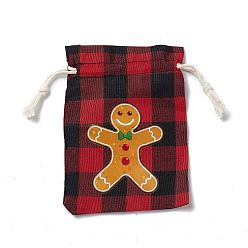 Gingerbread Man Sacs de jute rectangulaires sur le thème de Noël avec cordon de jute, tartan pochettes, pour emballage cadeau, rouge, gingerbread man, 13.8~14x9.7~10.3x0.07~0.4 cm