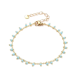 Sky Blue Glass Charm Bracelets, with Brass Curb Chains, 304 Stainless Steel Heart Charms & Lobster Claw Clasps, Real 18K Gold Plated, Sky Blue, 7-1/2 inch(19cm)
