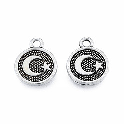 Antique Silver Tibetan Style Alloy Charms, Cadmium Free & Lead Free, Flat Round with Moon & Star, Antique Silver, 13.5x10.5x1.5mm, Hole: 1.6mm, about 1500pcs/1000g