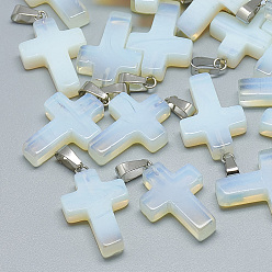 Opalite Opalite Pendants, with Stainless Steel Snap On Bails, Cross, 29~30x18~19x5~6mm, Hole: 6x4mm