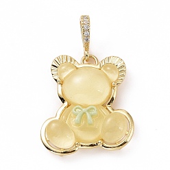 Pale Goldenrod Translucent Resin Pendants, Bear with Bowknot Charm, with Brass Micro Pave Clear Cubic Zirconia, Cadmium Free & Lead Free, Real 18K Gold Plated, Pale Goldenrod, 28x25x8mm, Hole: 4.5x7mm