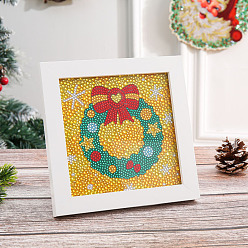 Christmas Wreath DIY Diamond Painting Photo Frame Kits, including Sponge, Resin Rhinestones, Diamond Sticky Pen, Tray Plate and Glue Clay, Christmas Themed Pattern, 150x150mm
