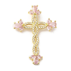Pink Rack Plating Brass Pave Cubic Zirconia Pendants, Cross Charms, Long-Lasting Plated, Cadmium Free & Lead Free, Real 18K Gold Plated, Pink, 36x25x6mm, Hole: 4x2mm