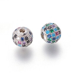 Platinum Brass Micro Pave Cubic Zirconia Beads, Round, Colorful, Platinum, 8x7.5mm, Hole: 2mm