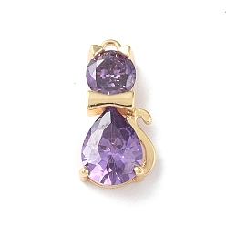 Lilac Brass Pendants, with Glass, Cat Charm, Real 18K Gold Plated, Lilac, 16x7.5x4mm, Hole: 1mm