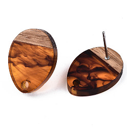Chocolate Resin & Walnut Wood Stud Earring Findings, with 304 Stainless Steel Pin, Teardrop, Chocolate, 17x13mm, Hole: 1.8mm, Pin: 0.7mm