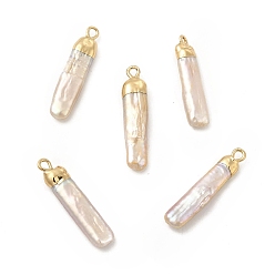 Light Gold Baroque Natural Keshi Pearl Pendants, Rectangle Charms, with Brass Loops, Light Gold, 25~27x4~6x3~6mm, Hole: 1.8mm