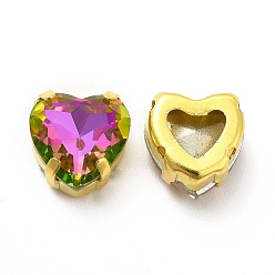 Vitrail Rosa Diamantes de imitación para coser en forma de corazón, diamantes de imitación de cristal, accesorios de prendas de vestir, Enlaces multifilares, con fornituras de latón de tono de oro, vitrail rose, 12.5x11.5x7 mm, agujero: 1~1.2 mm