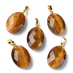 Tiger Eye Natural Tiger Eye Pendants, Faceted Oval Charms with Golden Plated Brass Snap on Bails, 21.8x13.4~13.5x6.2mm, Hole: 5.3x3.7mm