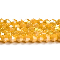 Золотистый Непрозрачные однотонные гальванические стеклянные бусины, с покрытием AB цвета, граненые, двухконусные, золотые, 4x4 мм, отверстие : 0.8 мм, около 87~98 шт / нитка, 12.76~14.61 дюйм (32.4~37.1 см)