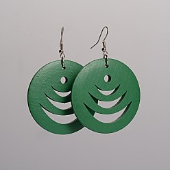 Green Flat Round Hollow Wood Dangle Earrings, with Platinum Plated Iron Earring Hooks, Green, 70x49mm, Pin: 0.8mm